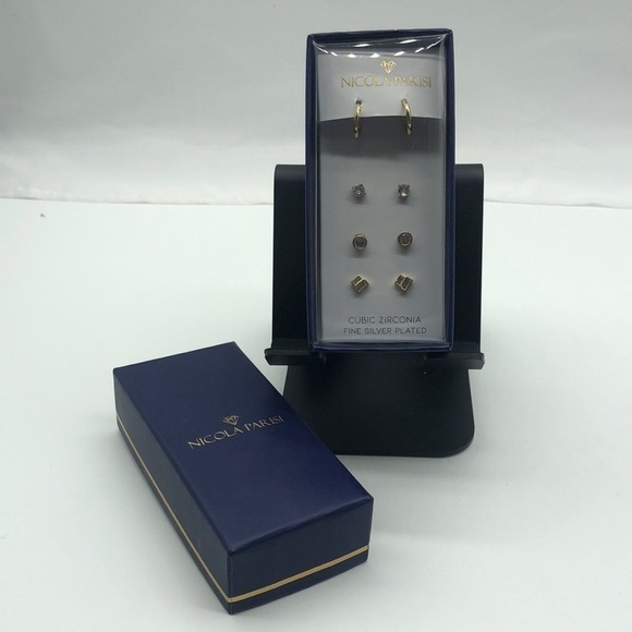 Nicola Parisi Earrings Cubic Zirconia Fine Silver Plated NIB 4 Pairs Hoops - Picture 2 of 7